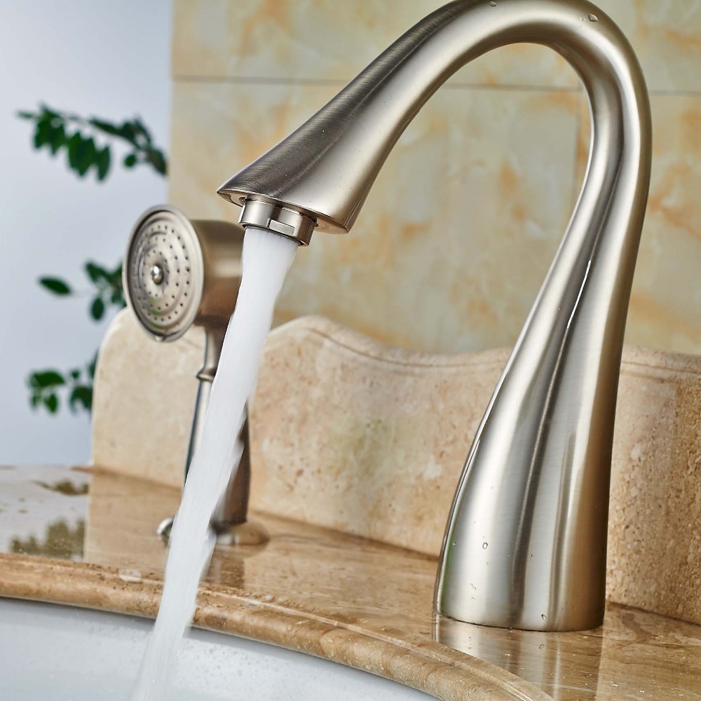 3pcs Single Handle Bathtub Faucet With Handshower Brushed Nickel Brass