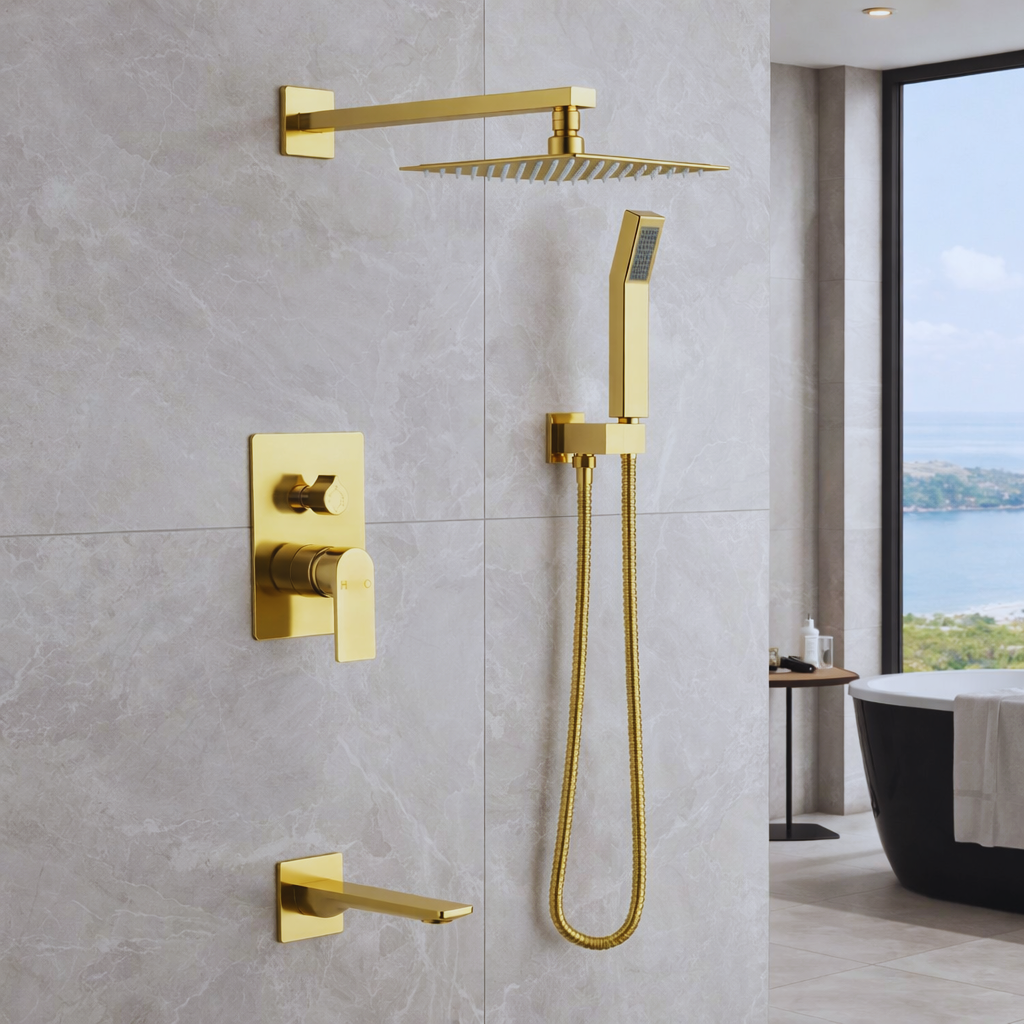 Square image of BathSelect-style spa shower panel used for premium fixture brand review
