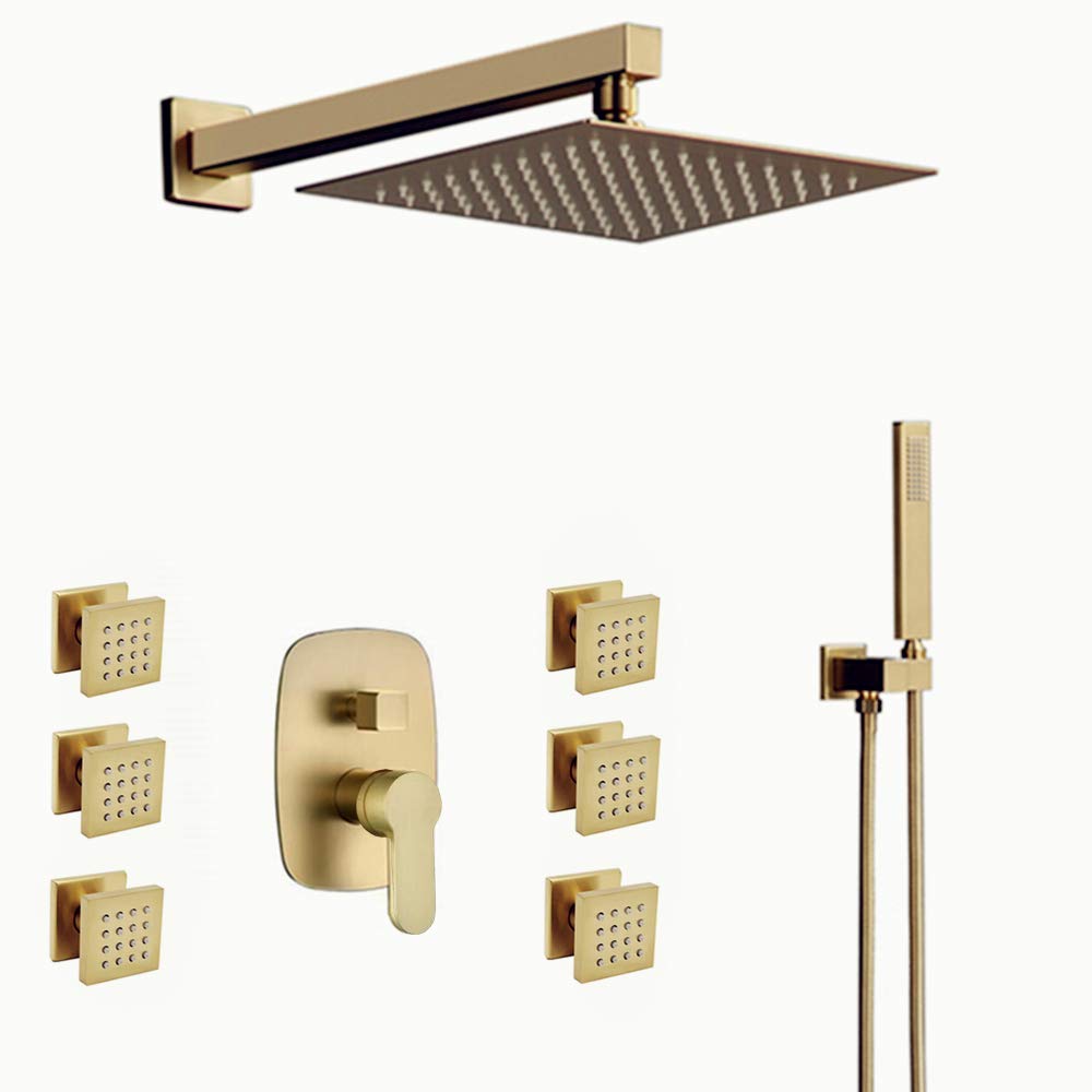 Fontana Napoli Luxury Brass Brushed Gold Wall Mount Rainfall Shower System