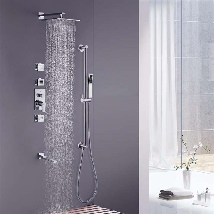 Thermostatic Rainfall Shower Set With 3 Body Massage Jets and Tub Spout