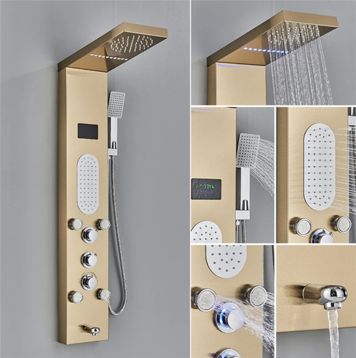 Fontana Brushed Gold Wall Mount LED Shower Set Rainfall Shower With Spa Massage Jet