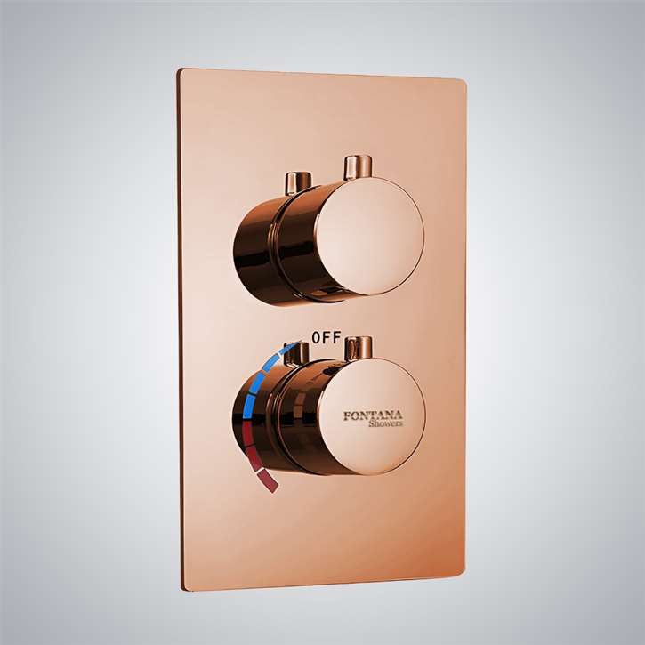 Fontana Rose Gold Finish Thermostatic 2 Knob 3 Way Mixing Valve