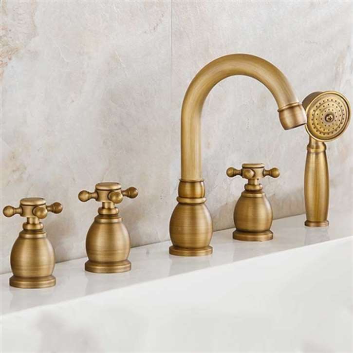 Sale! Reno 5pcs Bathtub Faucet in Antique Brass Deck Mount Bath  Thermostatic Mixer with Hand Shower @ Fontana Showers