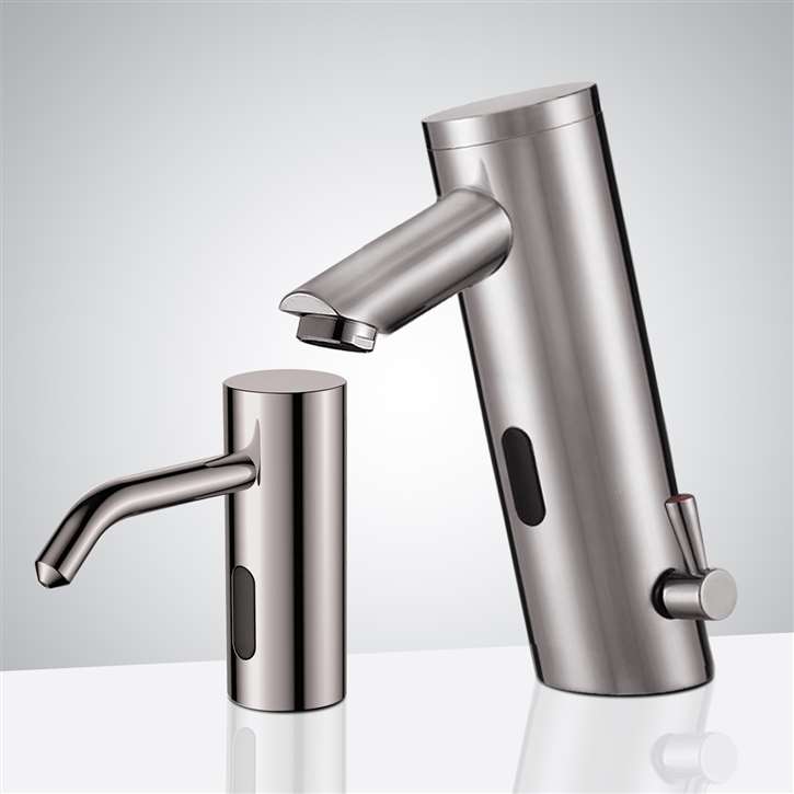 Platinum Brushed Nickel Commercial Automatic Temperature Control Thermostatic Sensor Tap with Matching Soap Dispenser