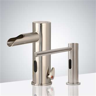 Platinum Brushed Nickel Commercial Automatic Temperature Control Thermostatic Sensor Tap with Matching Soap Dispenser