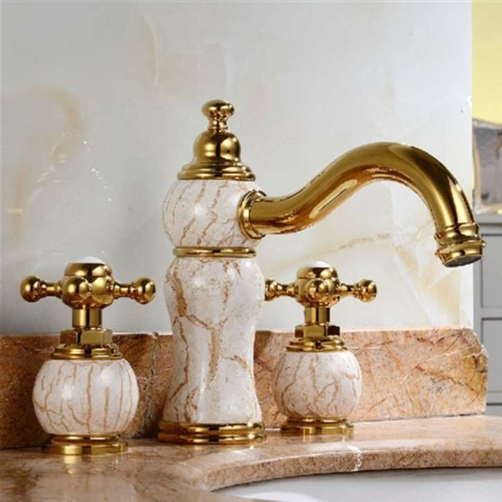 Leo Luxury Natural Jade Gold Finish Dual Handles Mixer Sink Faucet