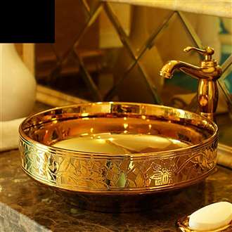 Lenox Golden Engraved Artistic Porcelain Countertop and Semi Counter Sink Washsink Ceramic Bathroom Sink