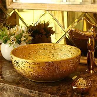 Renalto Golden Porcelain Handpainted Round Wash Sink Coutertop Bathroom Sink