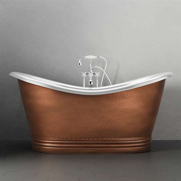 Fontana 72" Copper Double-Slipper Roll-Top Tub With Pedestal Polished Finish