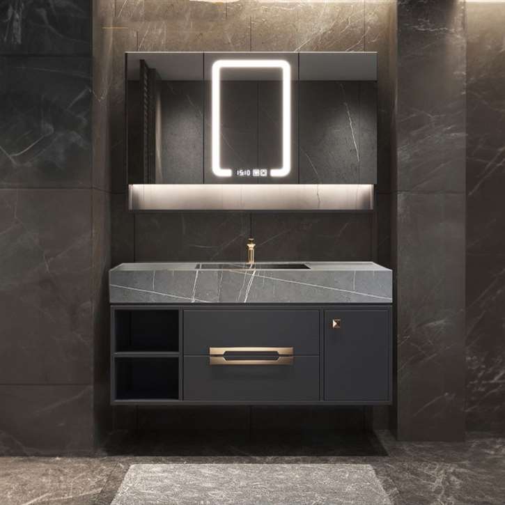 Fontana Lauren Luxury Black Cabinet And Slate Armani Grey Sink With LED Mirror