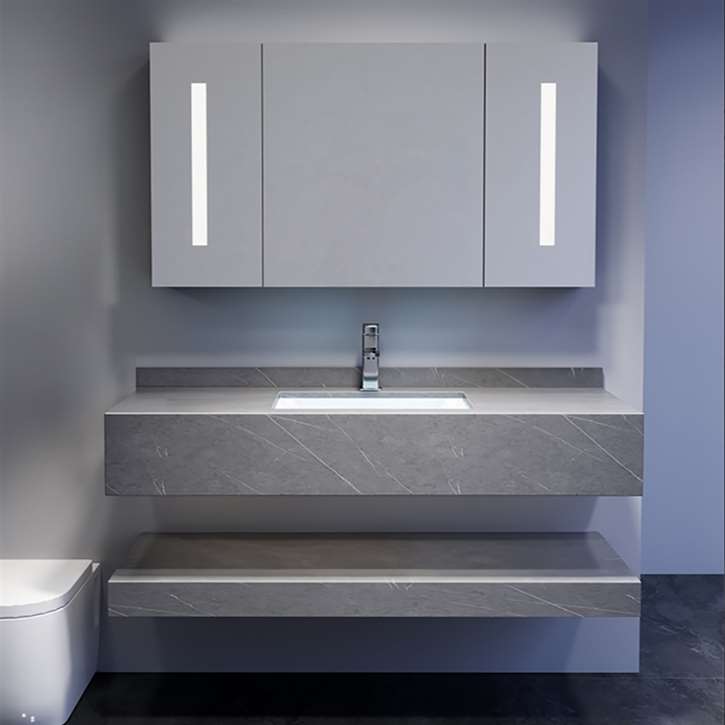 Fontana Vanity Storage Mirror Cabinet with LED Light in Luxury Slate Slab/Sintered Stone in Marble Dark Grey