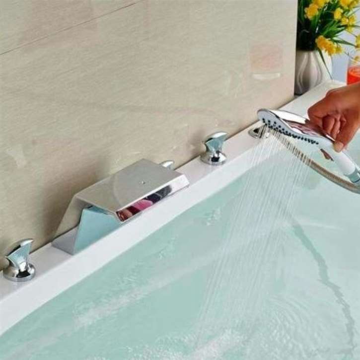 Fontana Chrome Polished Waterfall Spout Bathroom Tub Faucet with Sprayer Mixer