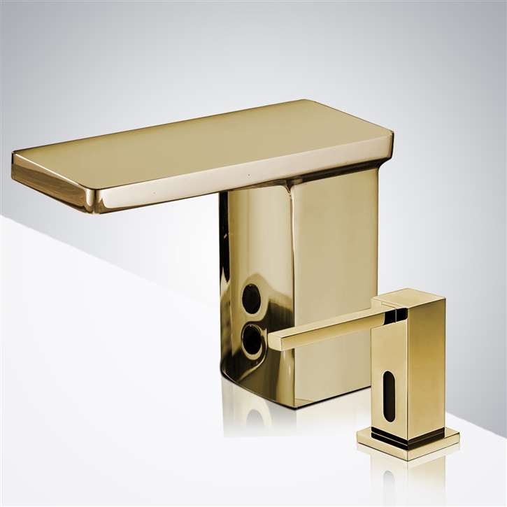 Fontana Polished Gold Tone Commercial Sensor Faucet and Deck Mount Commercial Soap Dispenser for Restrooms