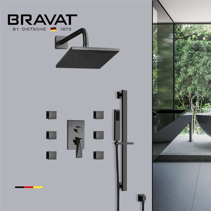 Bravat Matte Black Wall Mounted Square Shower Set With Valve Mixer 3-Way  Concealed