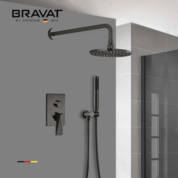 Bravat Matte Black Wall Mounted Square Shower Set With Valve Mixer 3-Way  Concealed