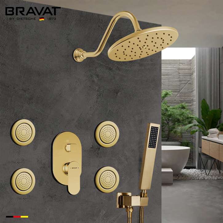 Bravat Shower Set With Valve Mixer 3-Way Concealed Wall Mounted In Brushed Gold