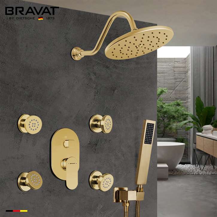 Bravat Shower Set With Valve Mixer 3-Way Concealed Wall Mounted In Brushed Gold