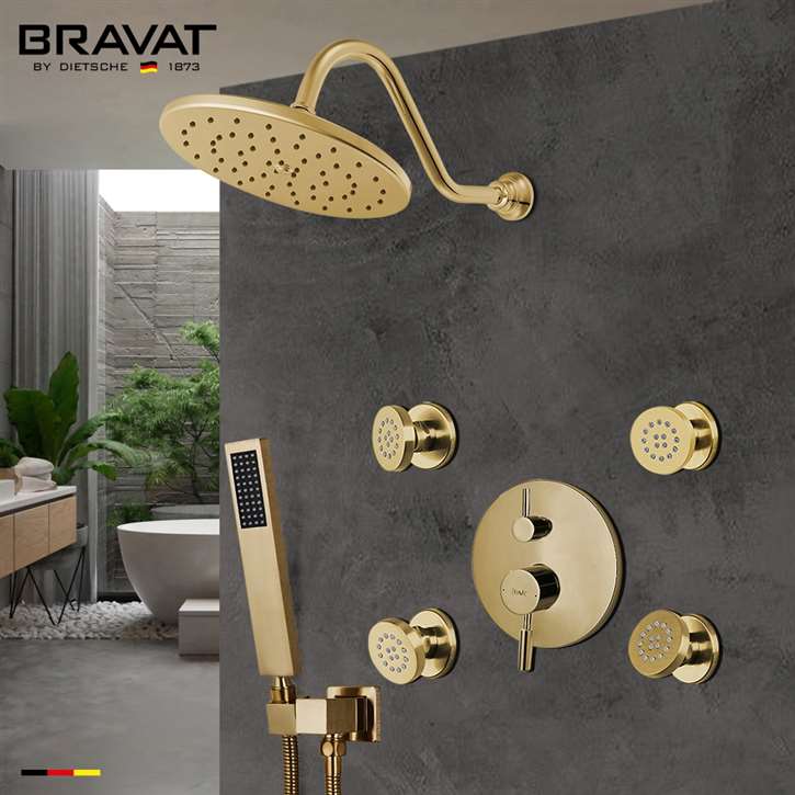 Bravat Shower Set With Valve Mixer 3-Way Concealed Wall Mounted In Brushed Gold