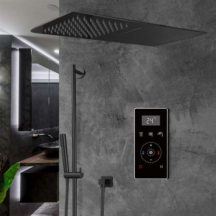 Fontana Thermostatic Matte Black Waterfall & Rainfall Shower Set With Black Digital Touch Screen Shower Mixer Display 3 Function Rainfall Shower Set With Handheld Shower