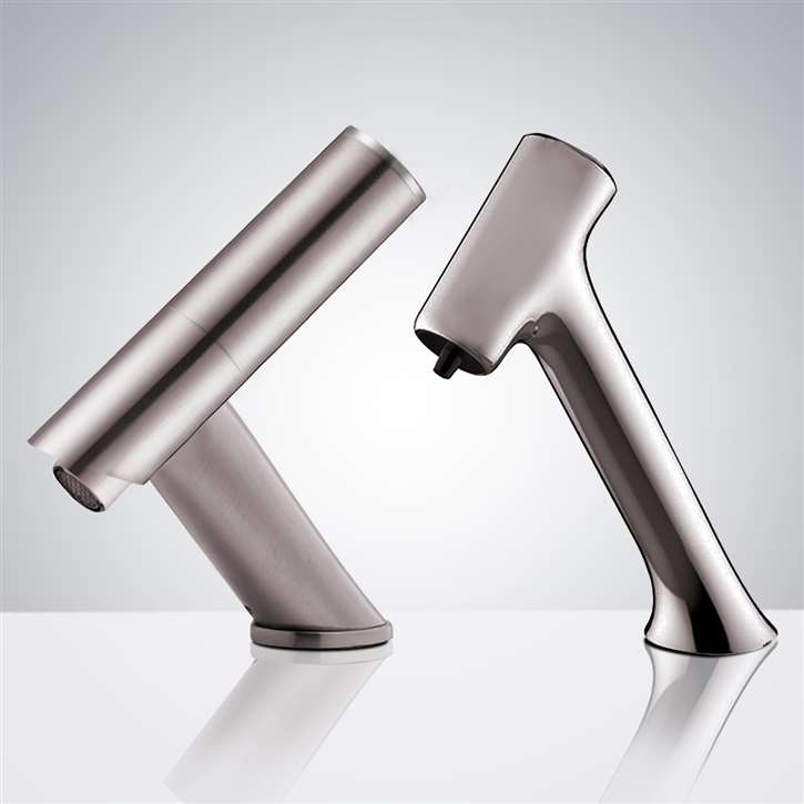 Fontana Contemporary Automatic Commercial Brushed Nickel Sensor Faucet with Matching Soap Dispenser