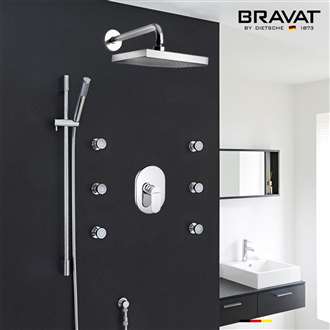 Bravat Chrome Wall Mounted Square Shower Set With Valve Mixer 3-Way Concealed And Six Body Jets