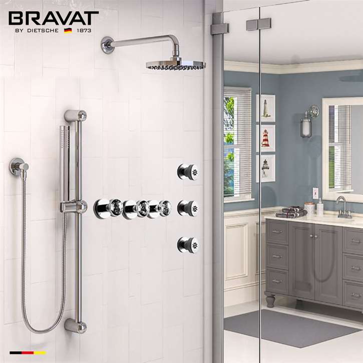 Bravat Chrome Wall Mounted Round Shower Set With Valve Mixer 3-Way Concealed And Three Body Jets