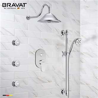 Bravat Wall Mounted Round Shower Set With Valve Mixer 3-Way Concealed And Three Body Jets In Chrome