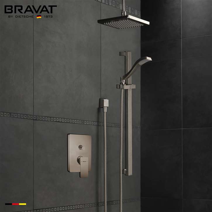 Bravat Ceiling Mounted Square Shower Set With Valve Mixer 3-Way Concealed In Brushed Nickel