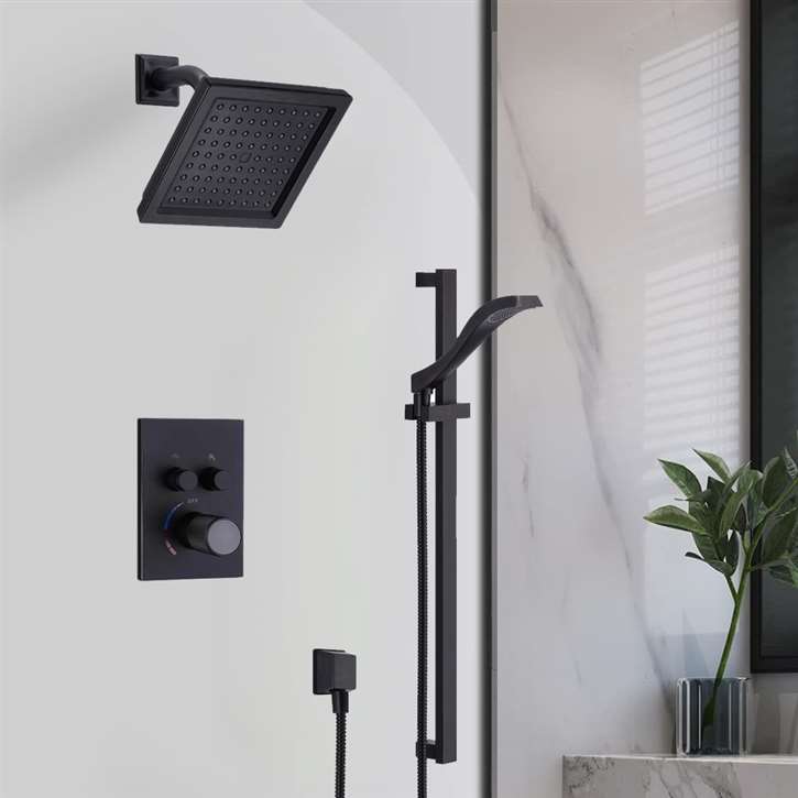 Fontana Ancona Matte Black Wall Mount Square Shower Head With 2-Way Concealed Thermostatic Mixer Shower Set With Handheld Shower