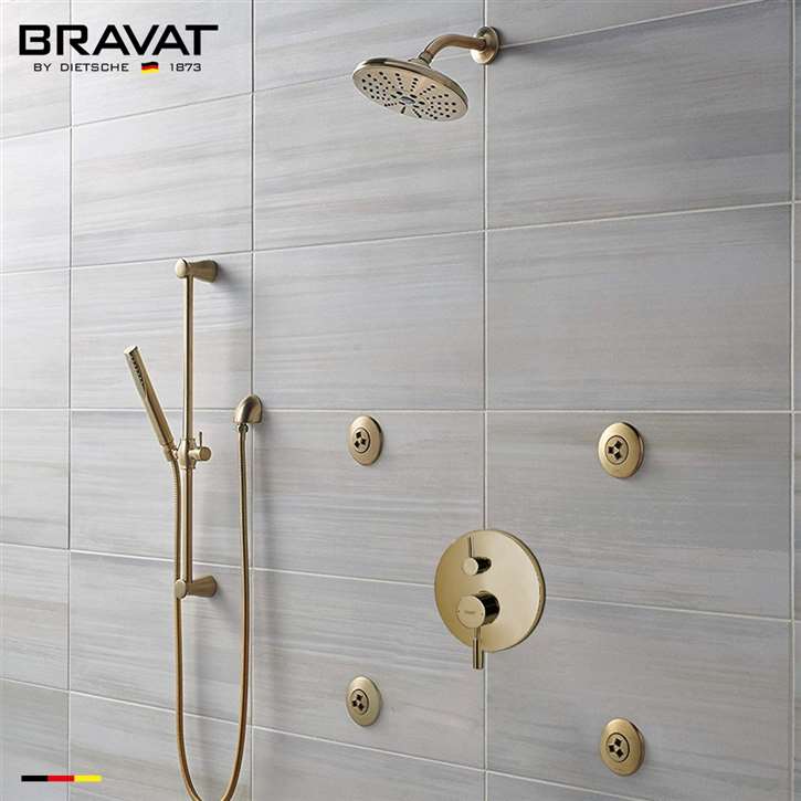 Bravat Saxony Brushed Gold Wall Mounted Round Rainfall Shower Set With Valve Mixer 3-Way Concealed And Four Round Body Jets With Handheld Shower