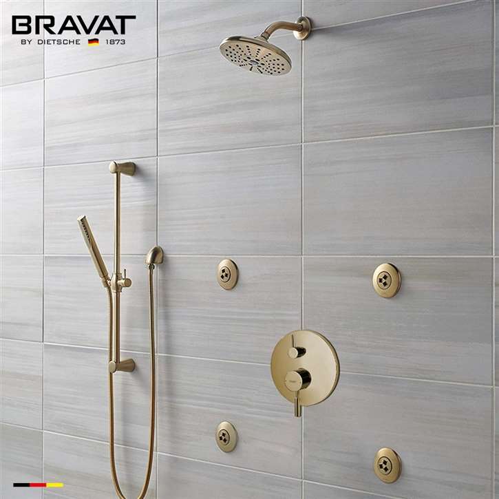 Bravat Saxony Brushed Gold Wall Mounted Round Rainfall Shower Set With Valve Mixer 3-Way Concealed And Four Round Body Jets With Handheld Shower