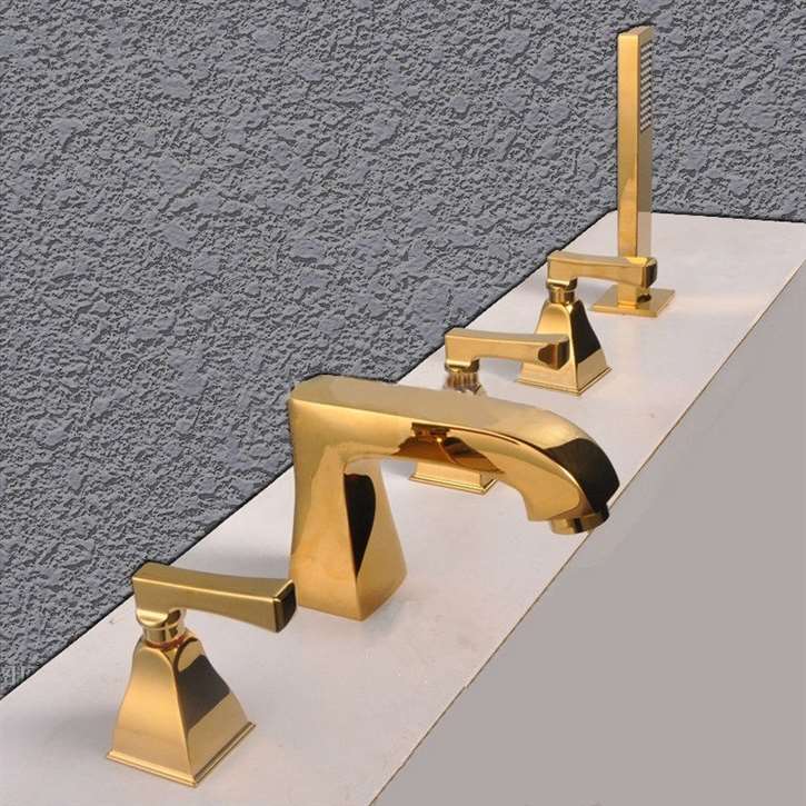 Reggio Deck Mounted Gold Triple Handle Bathroom Faucet With Handshower