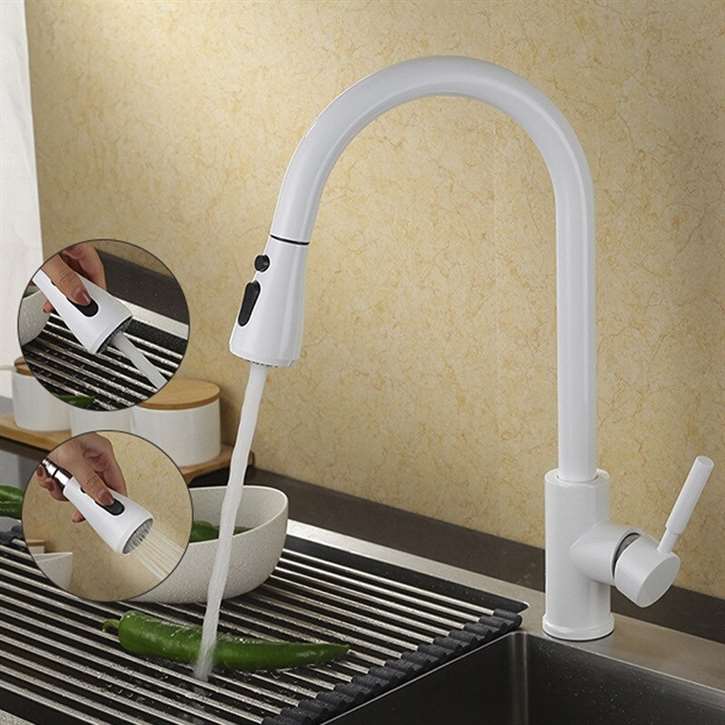 Fontana Verona Gooseneck Sensorless White Finish Kitchen Faucet with Pull Down Sprayer