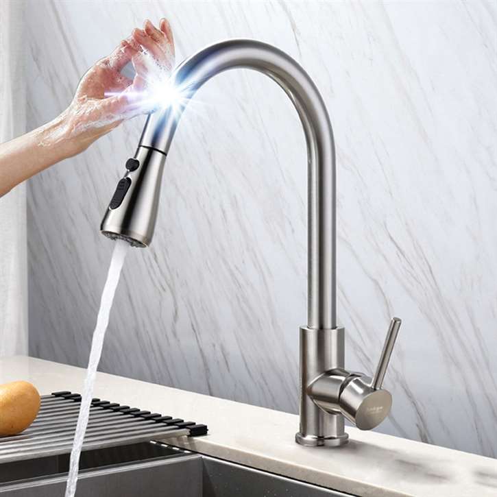 Fontana Melun Stainless Steel Pull Down Kitchen Faucet with Assistive Touch in Brushed Nickel Finish