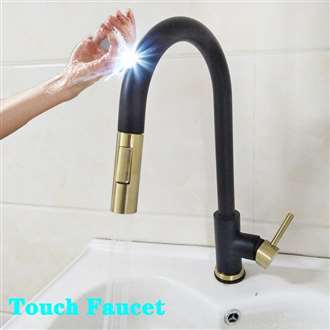 Fontana Geneva 360 Rotation Pull Out Sprayer Sensor Touch Kitchen Faucet in Black and Gold Finish