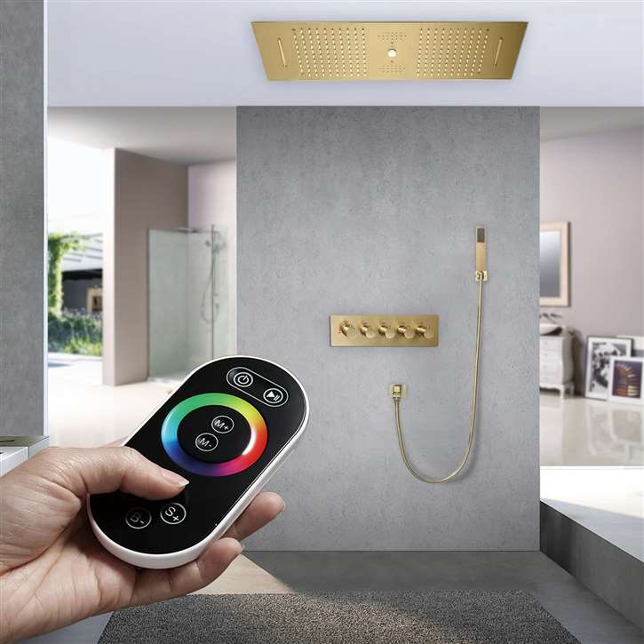 Fontana Mestre Thermostatic Brushed Gold LED Rainfall Water Column Waterfall Remote Controlled Shower System with Handheld Shower