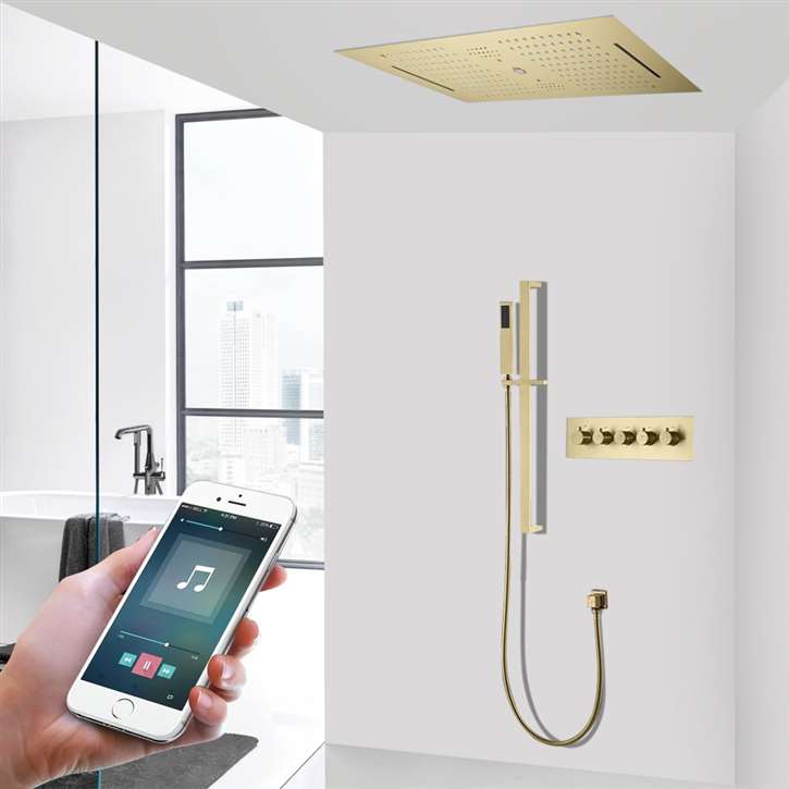 Fontana Sarzana LED Brushed Gold Thermostatic Phone Controlled Rainfall Waterfall Musical Shower System with Square Hand Shower