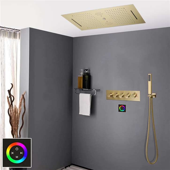 Genoa Thermostatic Touch Panel Controlled Recessed Ceiling Mount Rainfall Waterfall Shower System with Hand Shower