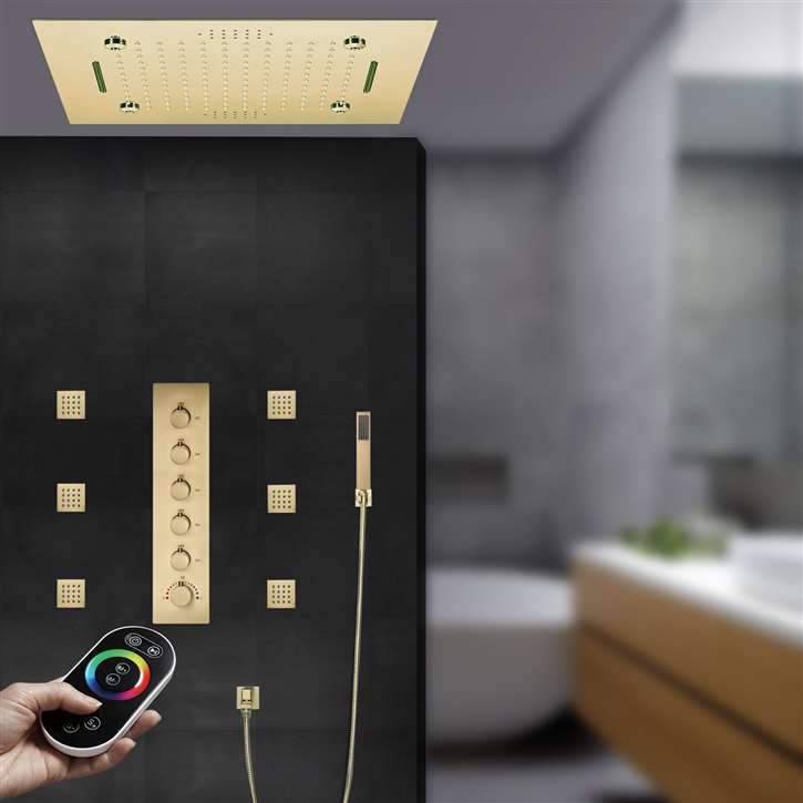 Fontana Messina Brushed Gold Thermostatic Remote Controlled Waterfall Mist Rainfall LED Shower System with Body Jets and Hand Shower