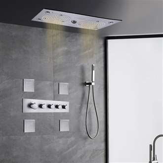 Bologna Gunmetal Gray Thermostatic Recessed Ceiling Mount Rainfall LED Musical Shower System with Handheld Shower and Jetted Body Sprays