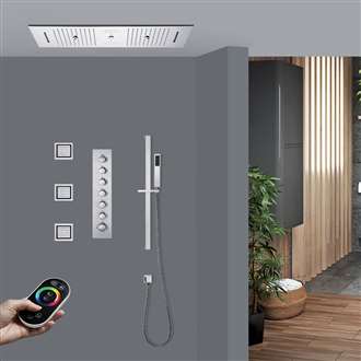 Alba Chrome LED Thermostatic Remote Controlled Recessed Ceiling Mount Musical Rainfall Shower System with 3 Jetted Body Sprays and Hand Shower