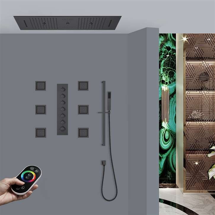 Florence Luxurious Matte Black Remote Controlled Thermostatic Recessed Ceiling Mount LED Musical Rainfall Waterfall Shower System with Hand Shower and 6 Jetted Body Sprays