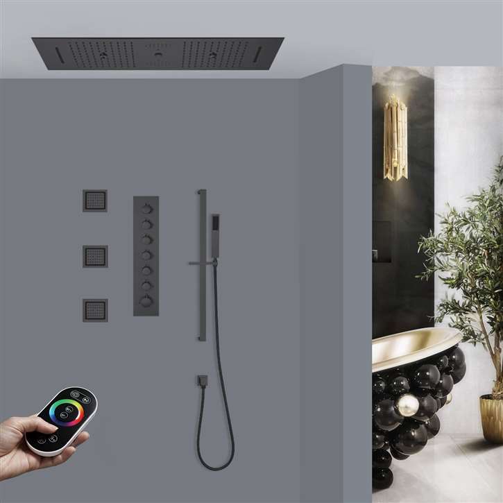 Catania LED Remote Controlled Matte Black Thermostatic Recessed Ceiling Mount Musical Rainfall Waterfall Mist Shower System with Hand Shower and 3 Jetted Body Sprays