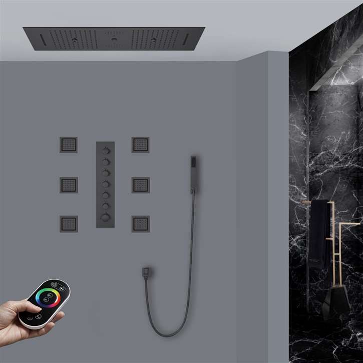 Verona Matte Black Remote Controlled Thermostatic Recessed Ceiling Mount Musical LED Rainfall Waterfall Shower System with Jetted Body Sprays and Hand Shower