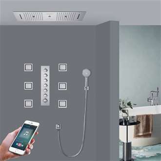 Padua Chrome Phone Controlled LED Thermostatic Recessed Ceiling Mount Musical Rainfall Waterfall Shower System with Jetted Body Sprays and Round Hand Shower