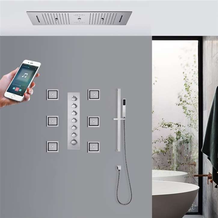 Trieste Chrome LED Thermostatic Phone Controlled Recessed Ceiling Mount Musical Rainfall Waterfall Mist Shower System with Jetted Body Sprays and Hand Shower