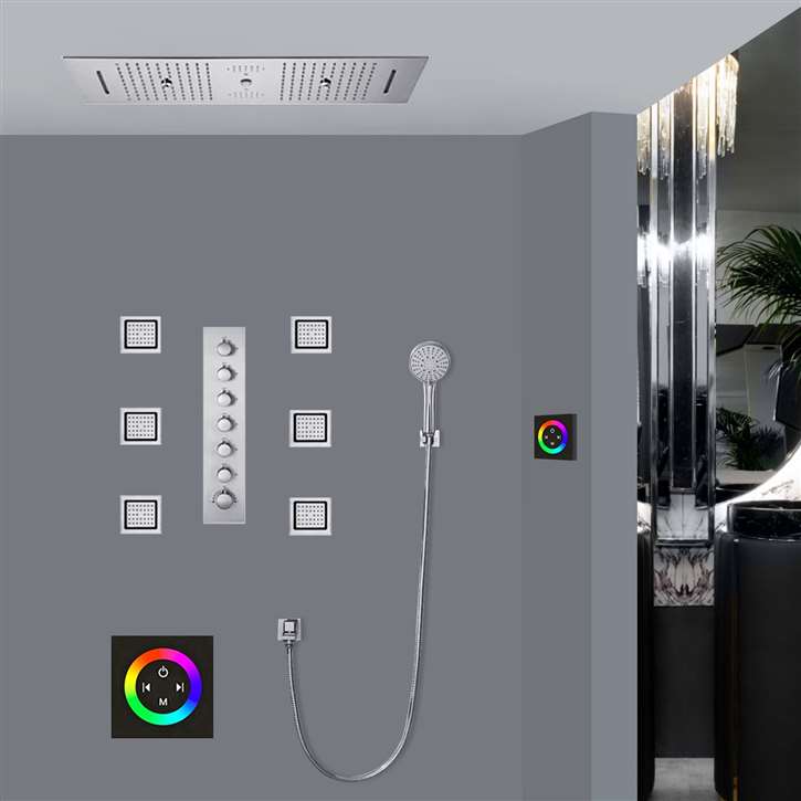 Salerno Chrome Touch Panel Controlled LED Thermostatic Recessed Ceiling Mount Musical Rainfall Shower System with Jetted Body Sprays and Hand Shower