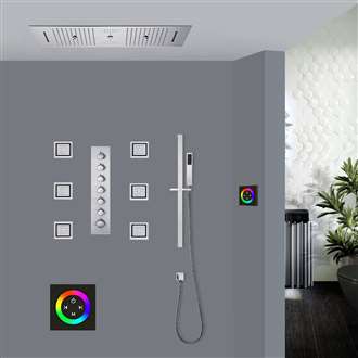 Ferrara Chrome Thermostatic Touch Panel Controlled LED Recessed Ceiling Mount Musical Rainfall Shower System with Jetted Body Sprays and Hand Shower