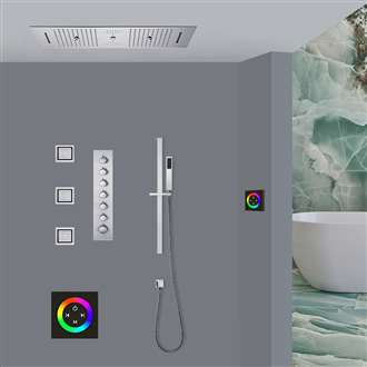 Latina Thermostatic Chrome LED Touch Panel Controlled Recessed Ceiling Mount Musical Rainfall Waterfall Shower System with Jetted Body Sprays and Hand Shower