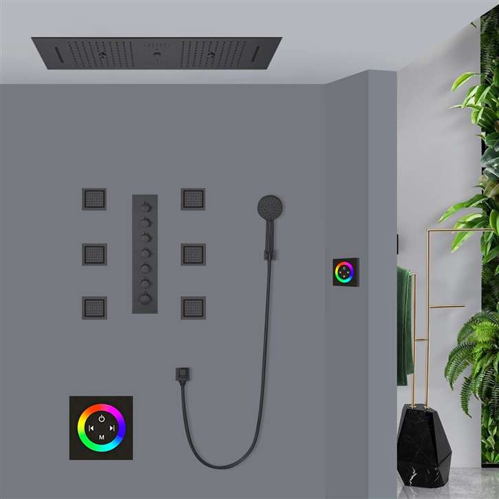 Monza Luxurious Touch Panel Controlled Matte Black Thermostatic Recessed Ceiling Mount LED Musical Rainfall Shower System with Hand Shower and Jetted Body Sprays